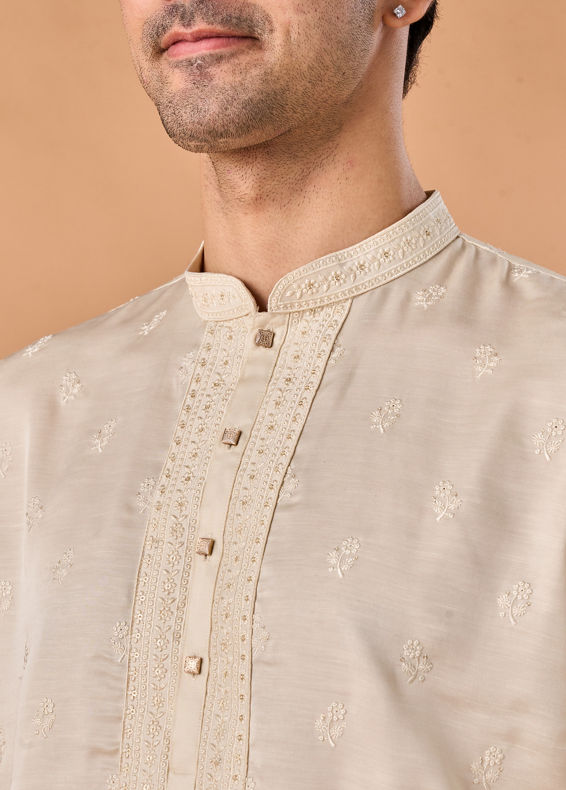 Manyavar Men Satin Elegance Cream Kurta Pajama