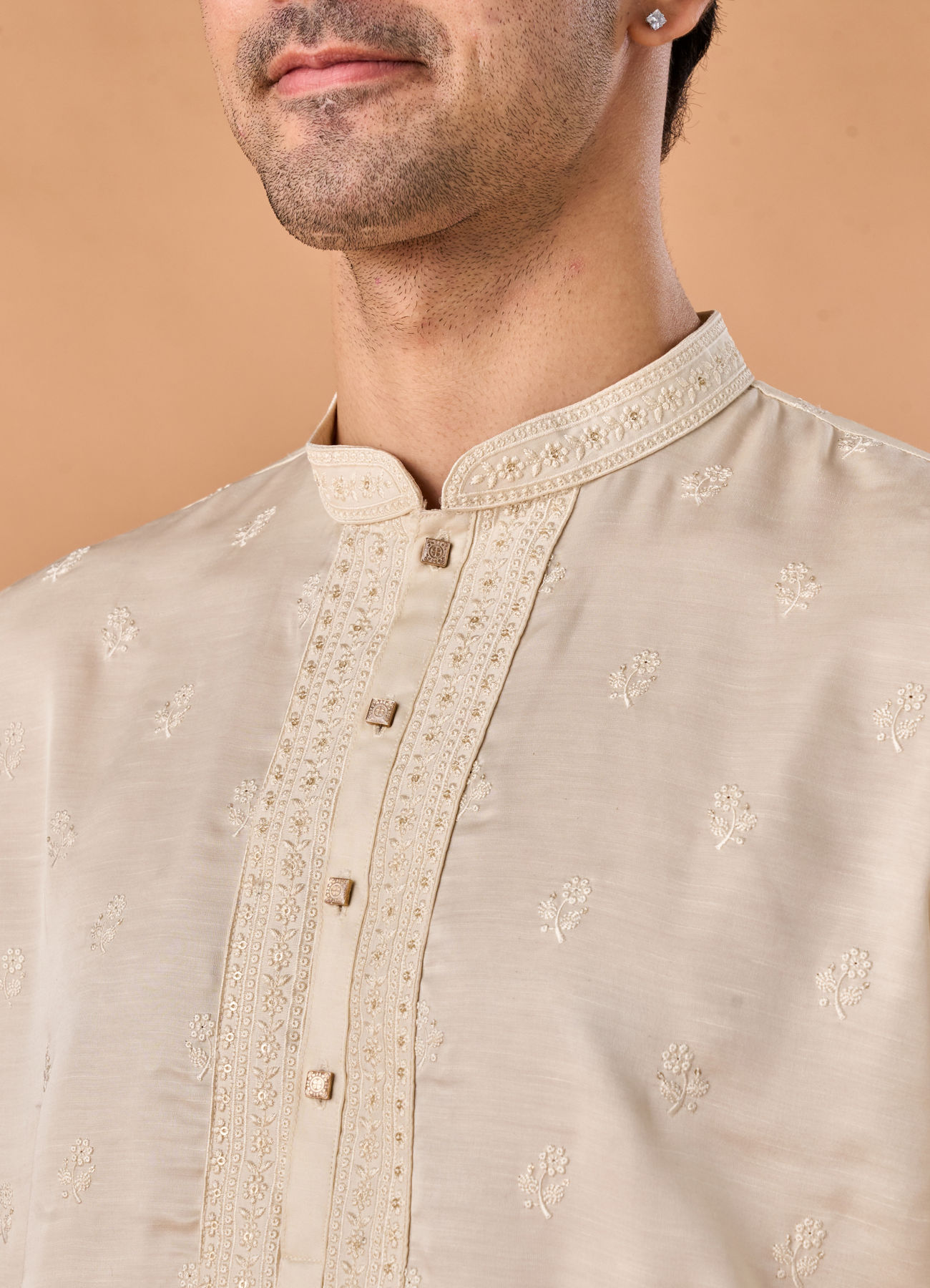 Manyavar Men Satin Elegance Cream Kurta Pajama