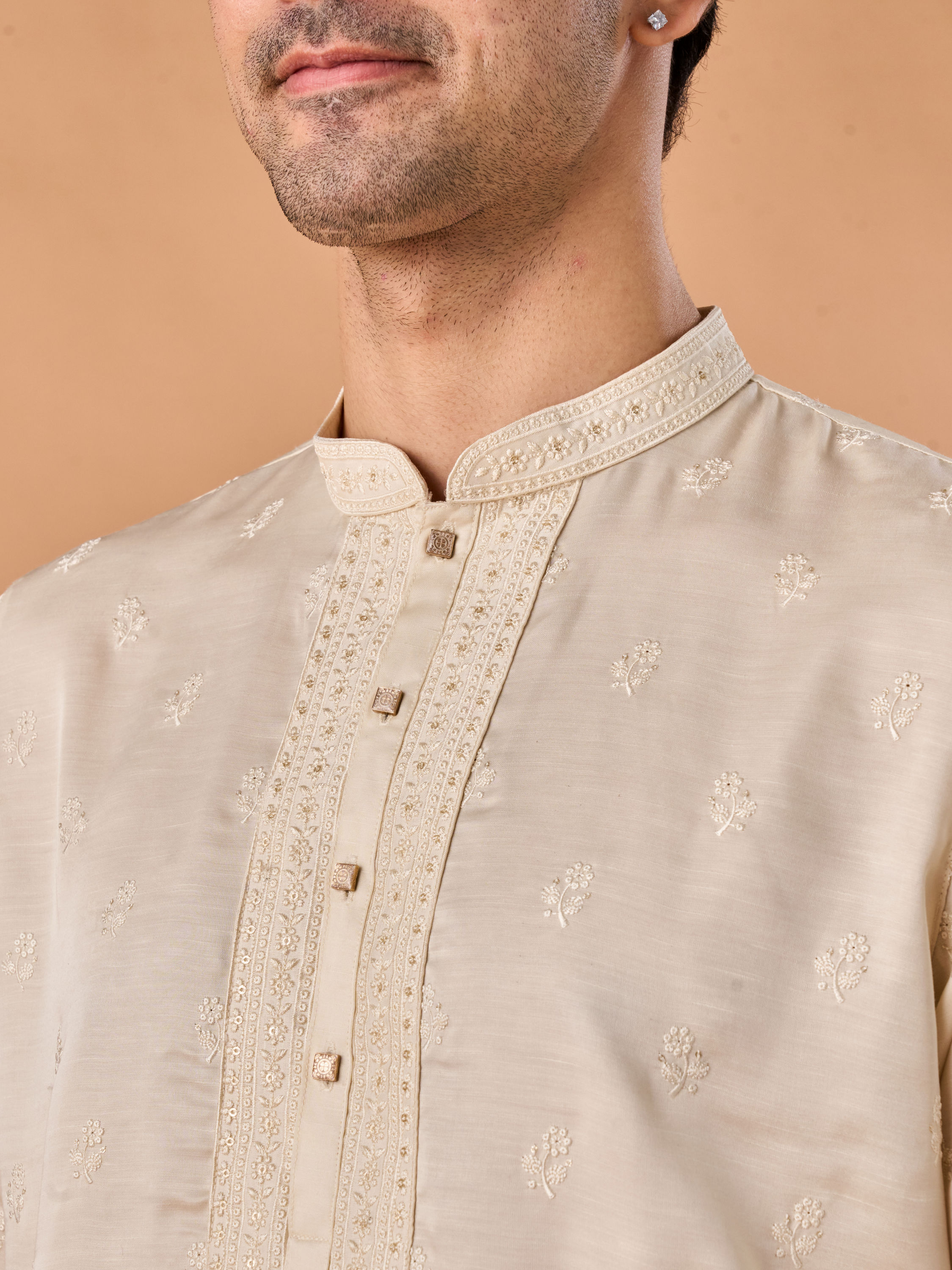 Manyavar Men Satin Elegance Cream Kurta Pajama