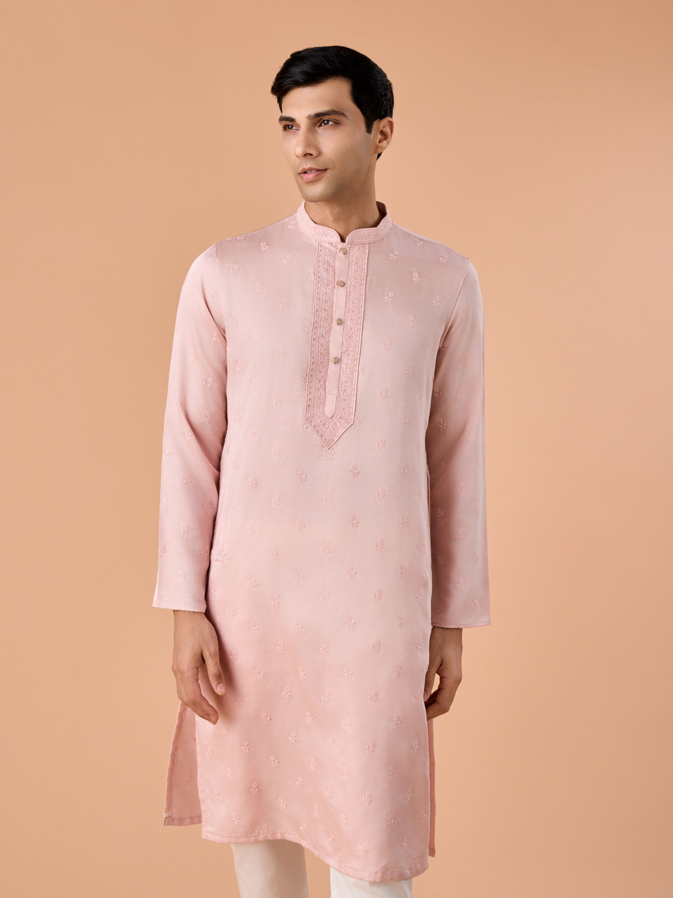 Manyavar Men Pink Satin Kurta Pajama