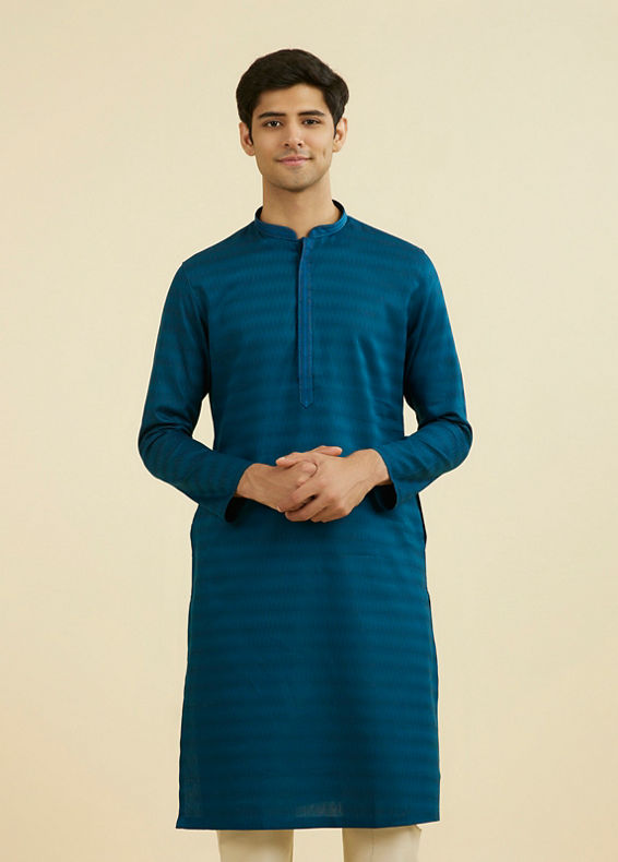 Manyavar Men Teal Blue Cotton Kurta Pajama