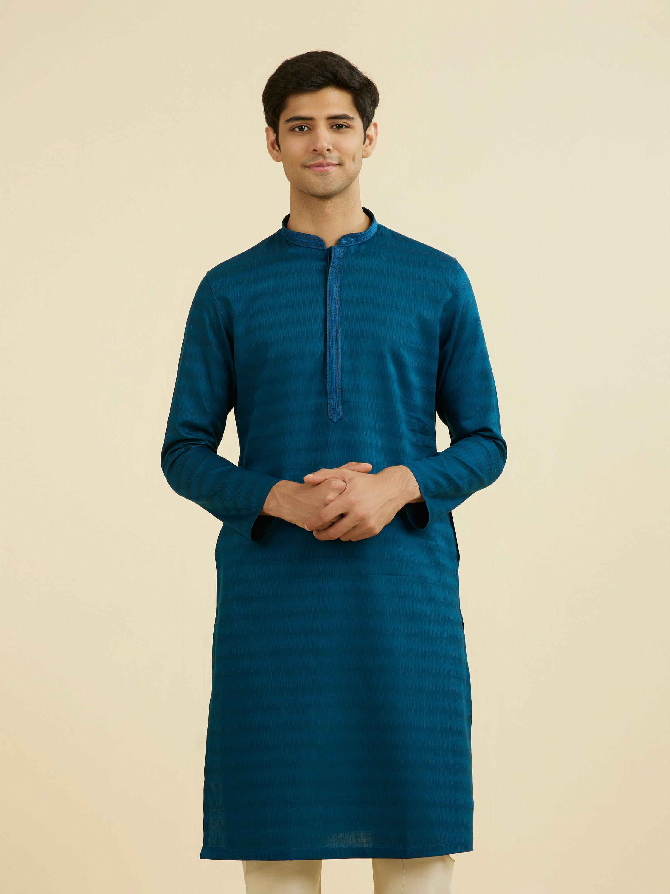 Manyavar Men Teal Blue Cotton Kurta Pajama