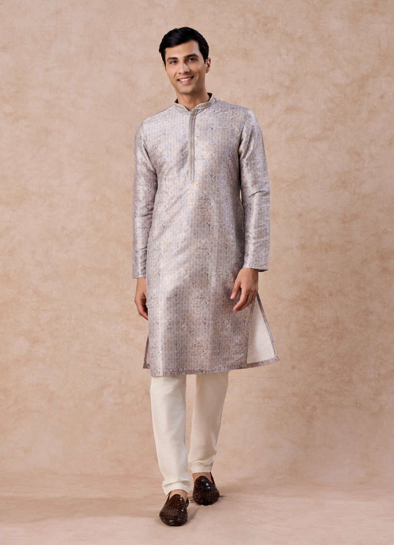 Manyavar Men Elegant Light Grey Kurta Pajama Set