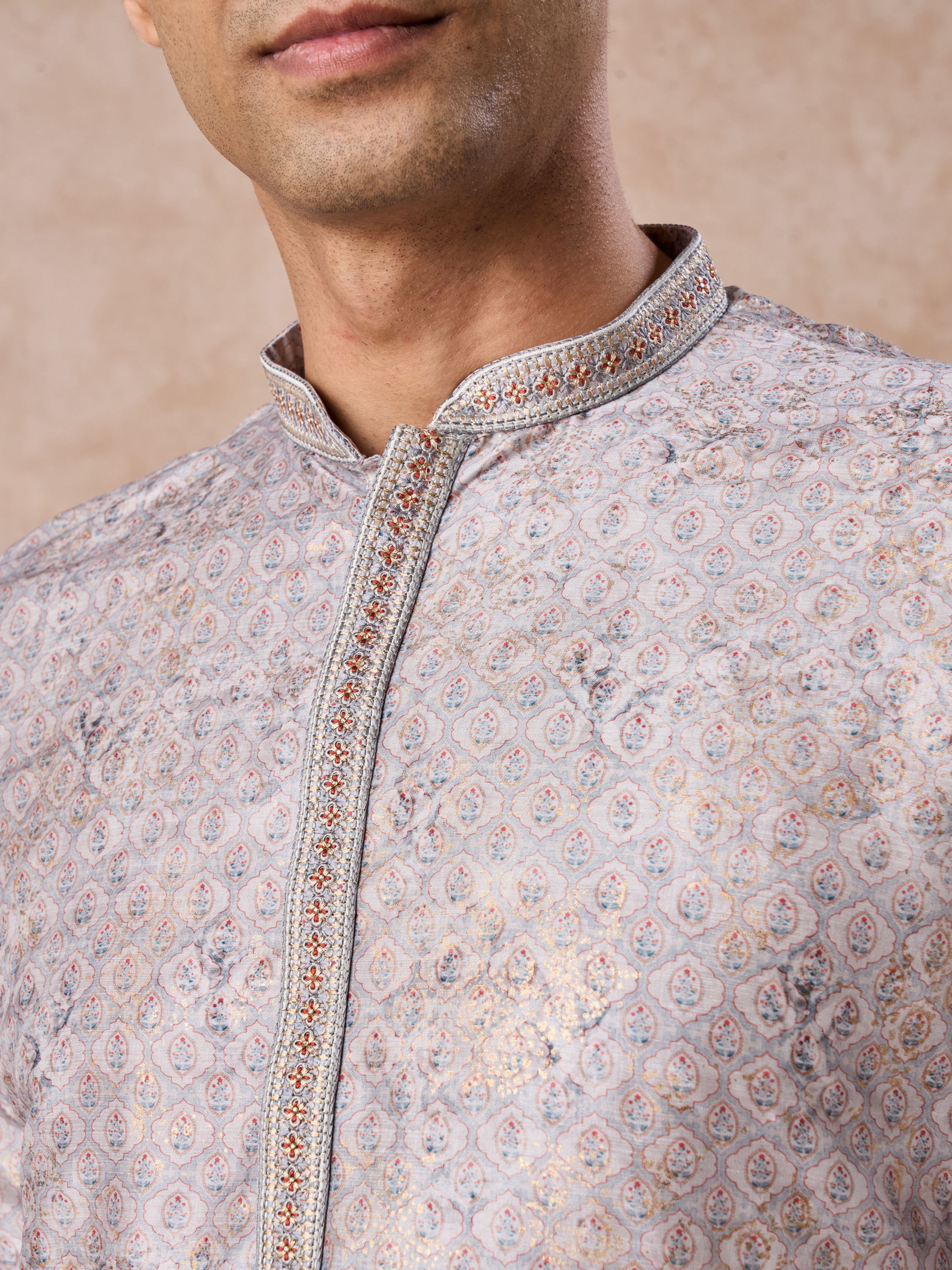 Manyavar Men Elegant Light Grey Kurta Pajama Set