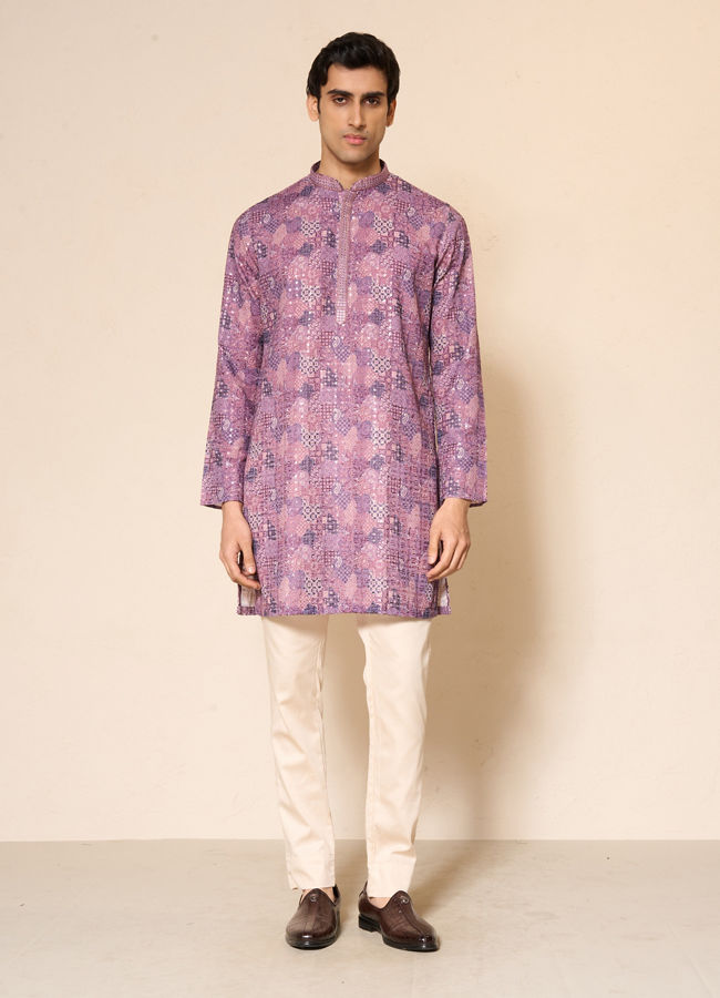 Manyavar Men Lilac Blended Cotton Kurta Pant with Print