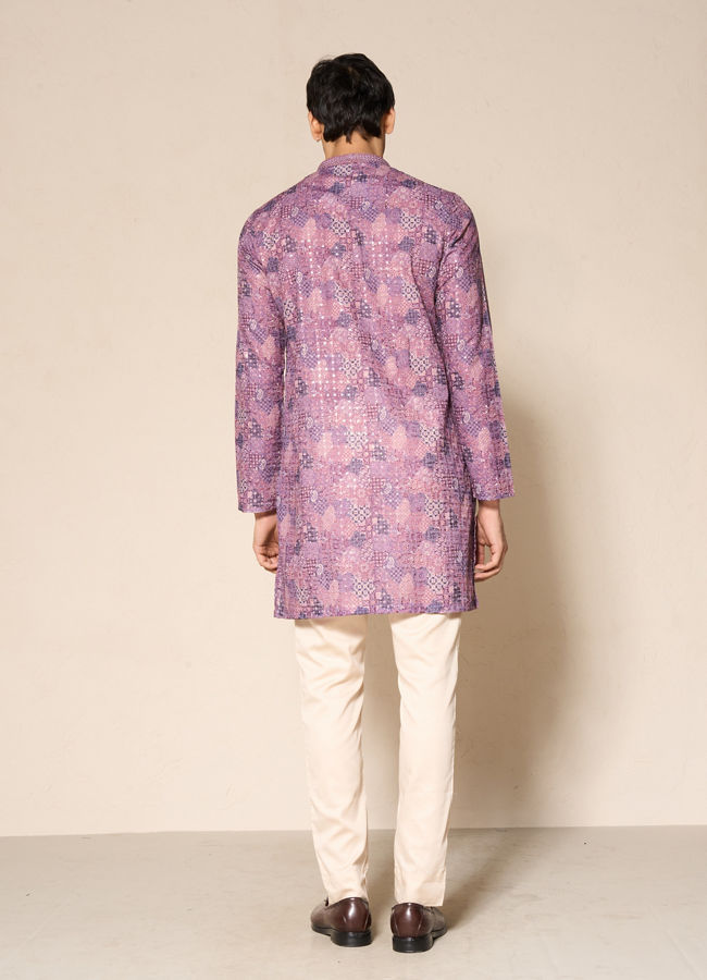 Manyavar Men Lilac Blended Cotton Kurta Pant with Print