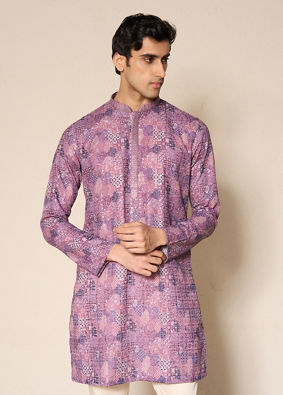 Manyavar Men Lilac Blended Cotton Kurta Pant with Print
