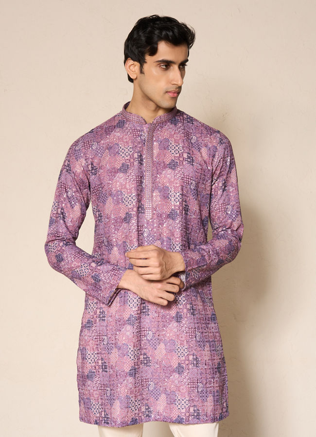Manyavar Men Lilac Blended Cotton Kurta Pant with Print