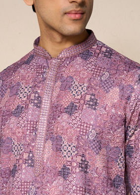 Manyavar Men Lilac Blended Cotton Kurta Pant with Print
