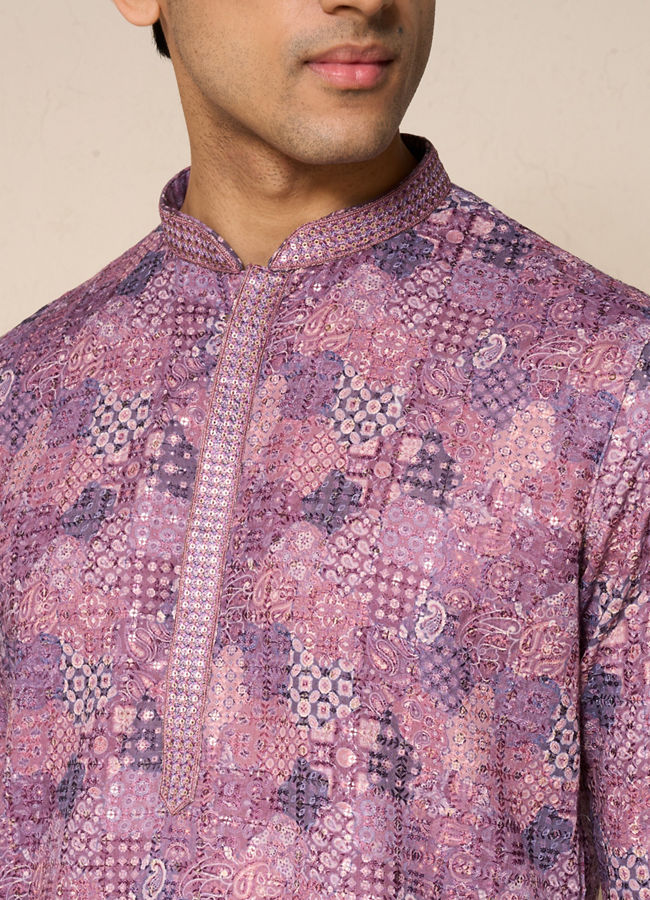 Manyavar Men Lilac Blended Cotton Kurta Pant with Print