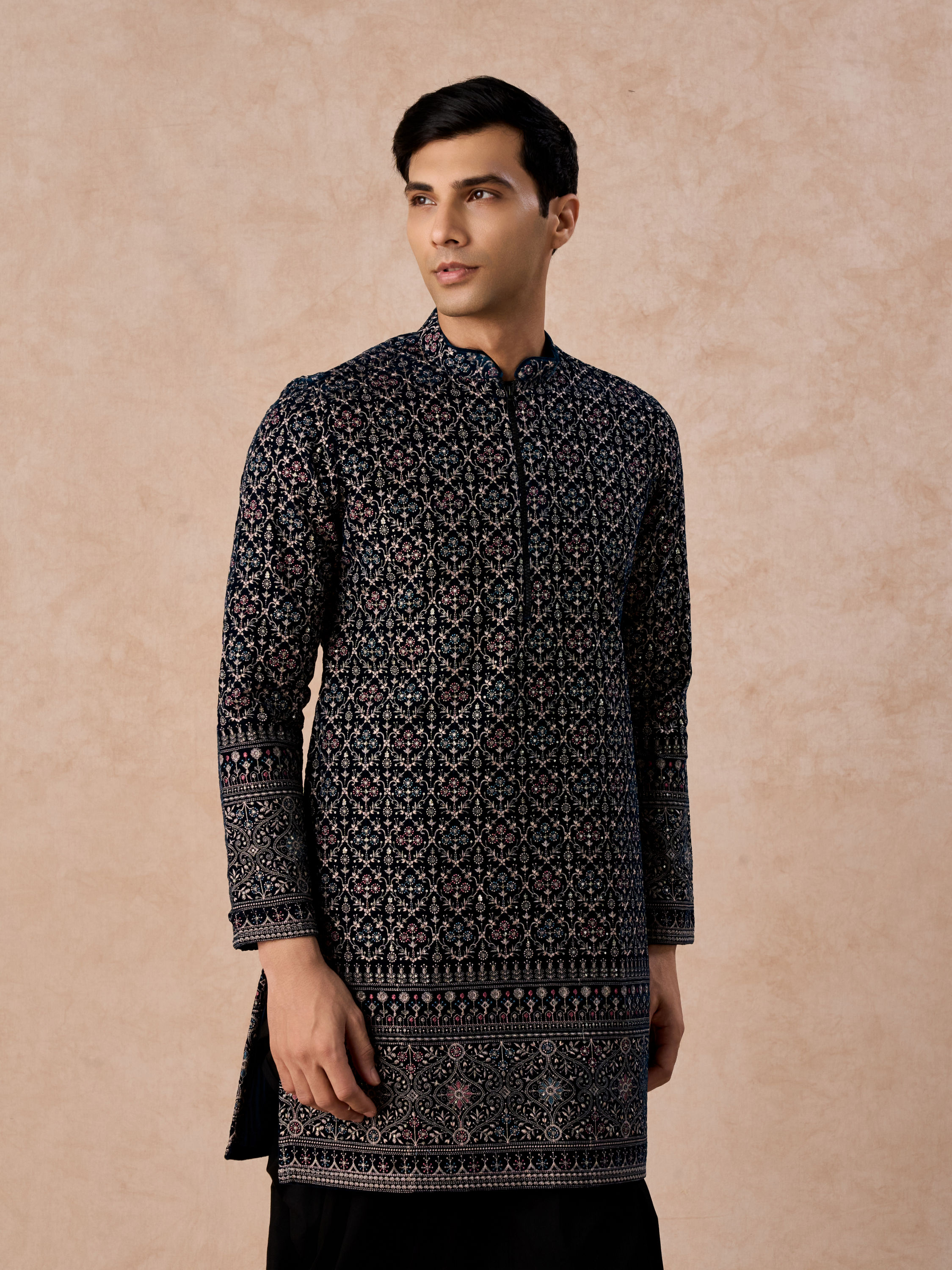 Manyavar Men Teal Elegance Velvet Kurta Patiala