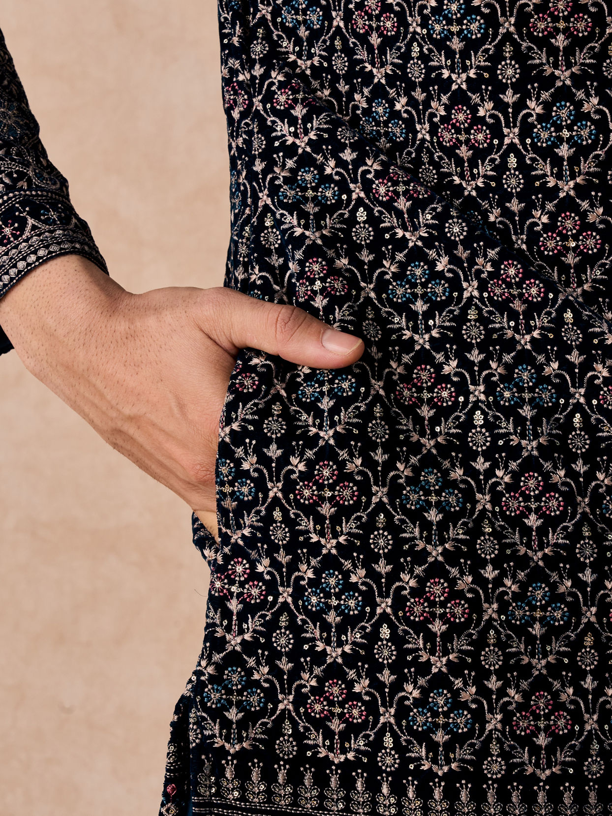 Manyavar Men Teal Elegance Velvet Kurta Patiala