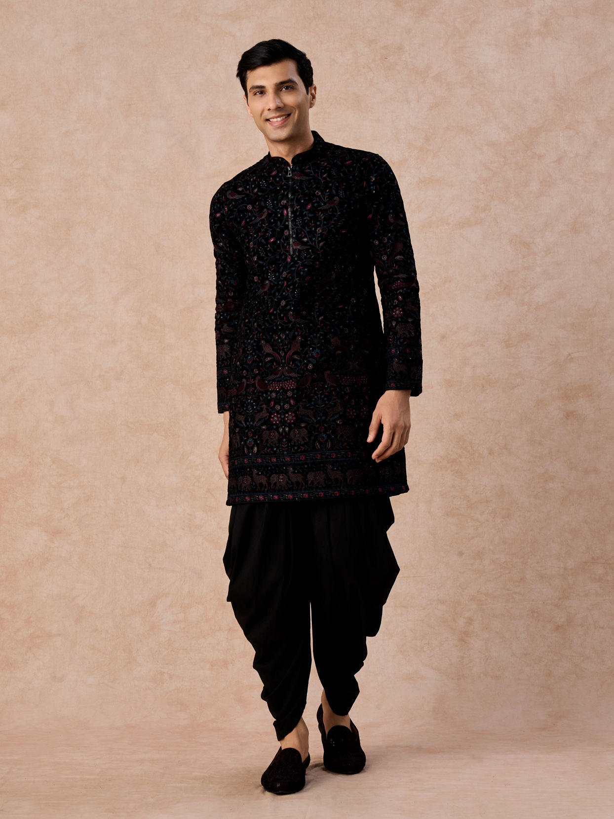 Manyavar Men Luxurious Wine Velvet Kurta Patiala