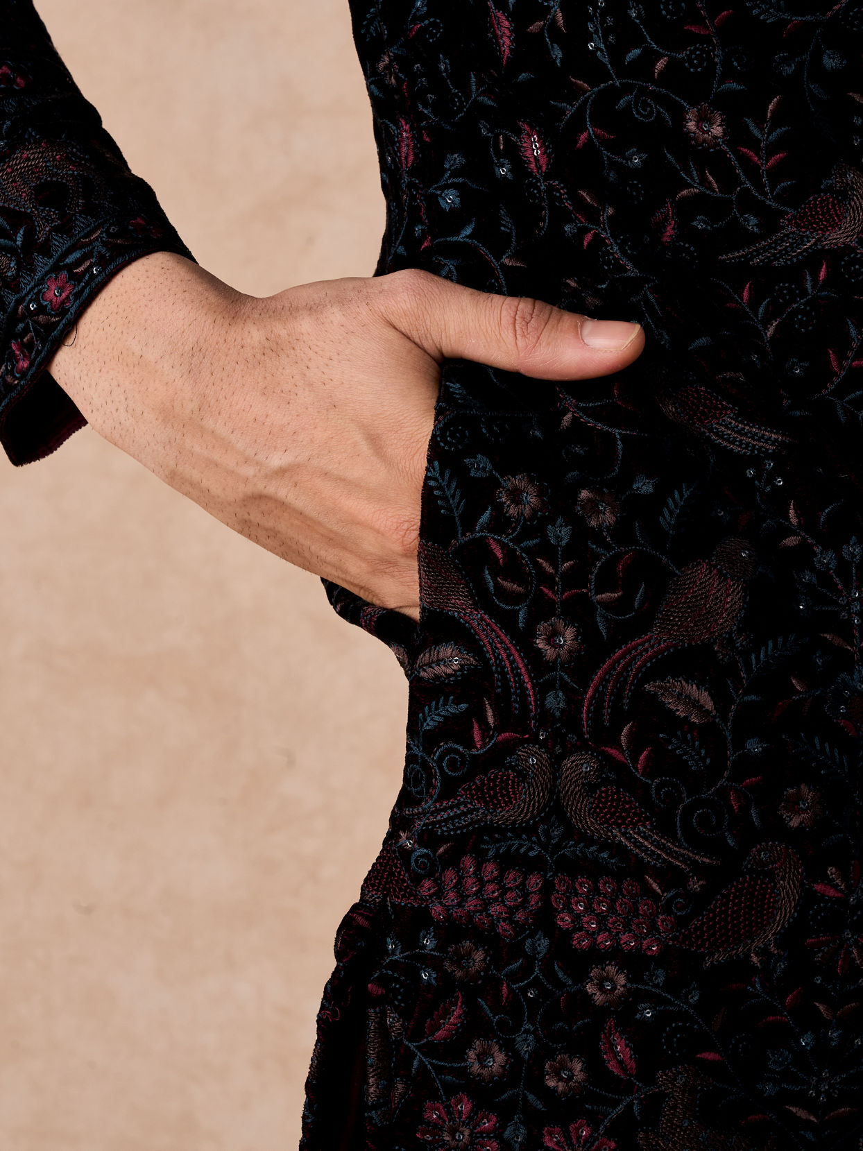 Manyavar Men Luxurious Wine Velvet Kurta Patiala