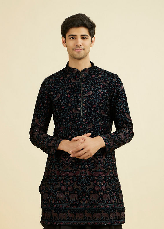 Manyavar Men Majestic Blue Mid Length Kurta Patiala