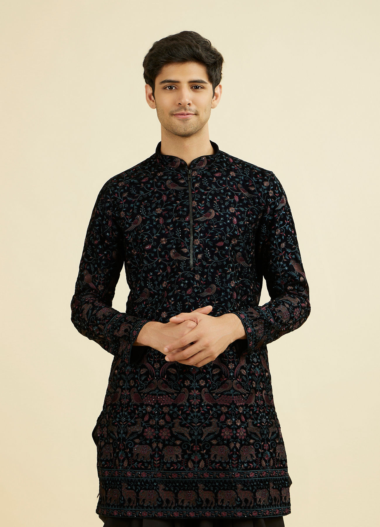 Manyavar Men Majestic Blue Mid Length Kurta Patiala