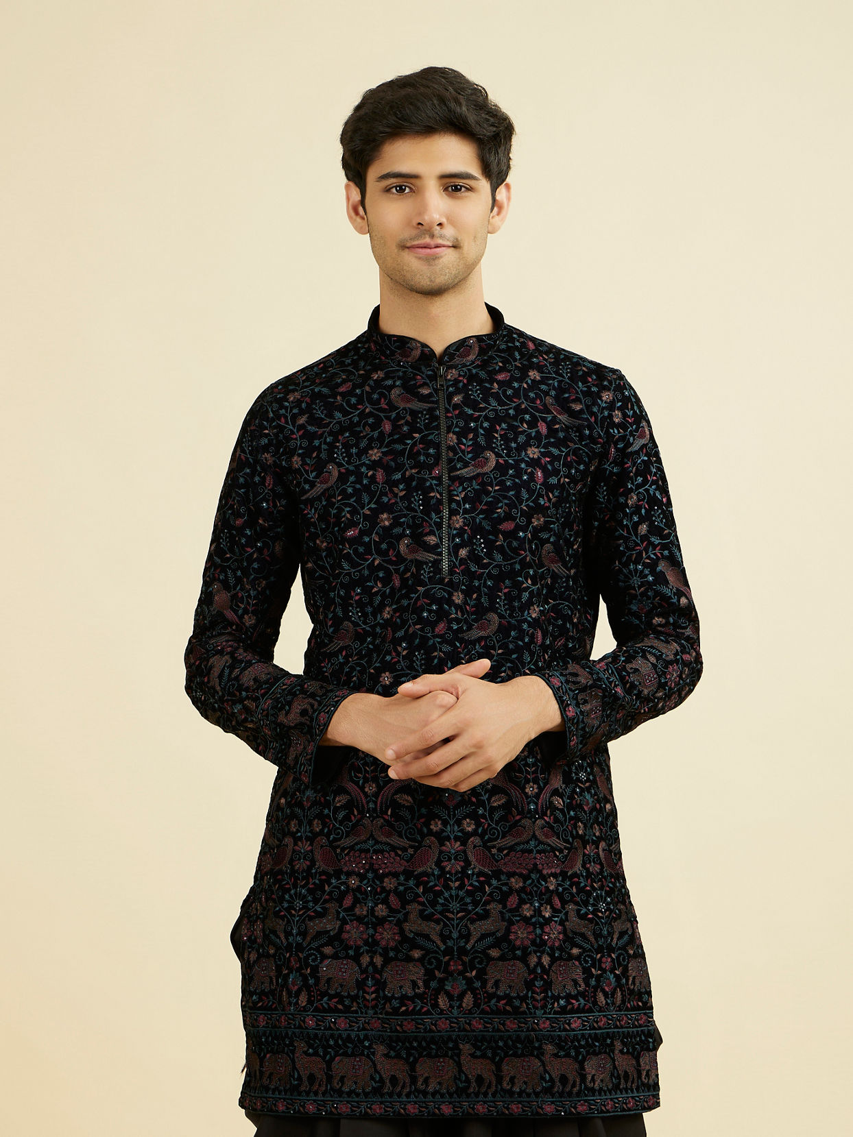 Manyavar Men Majestic Blue Mid Length Kurta Patiala