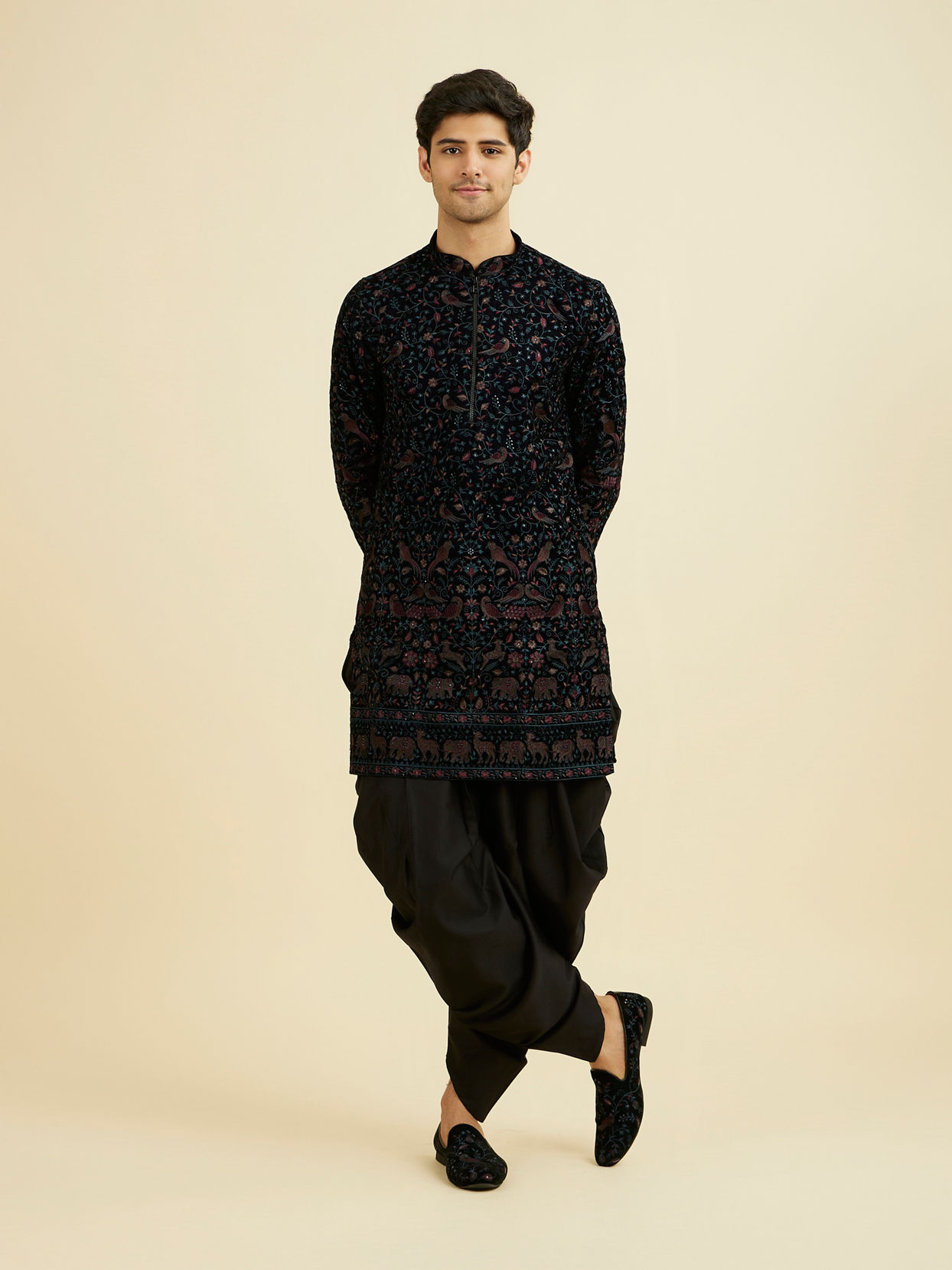 Manyavar Men Majestic Blue Mid Length Kurta Patiala