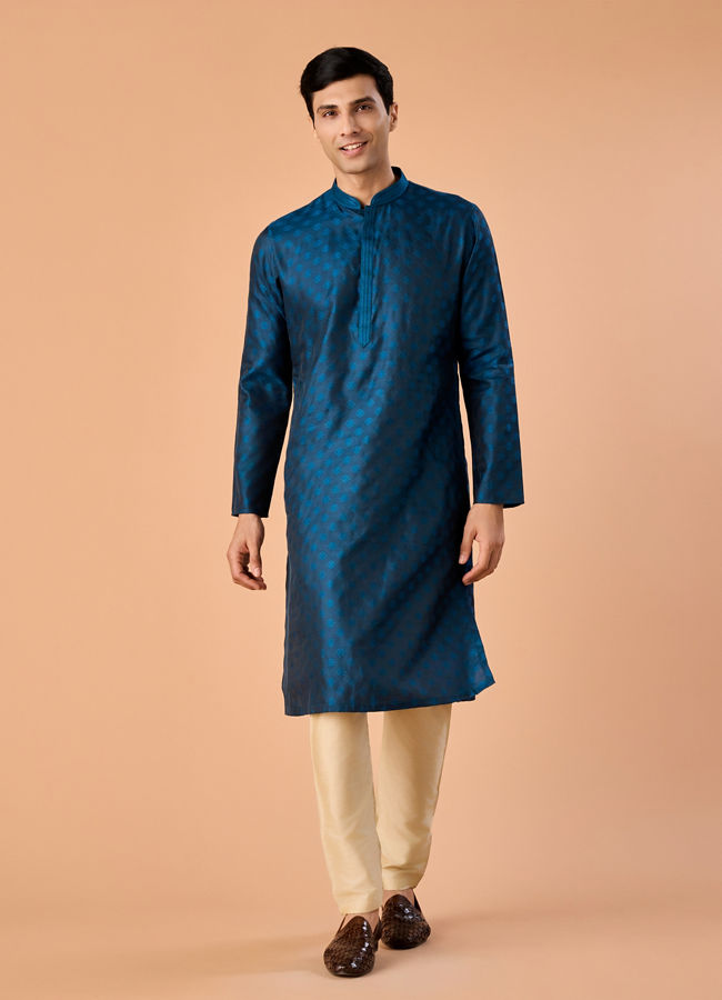 Manyavar Men Elegant Teal Blue Kurta Pajama