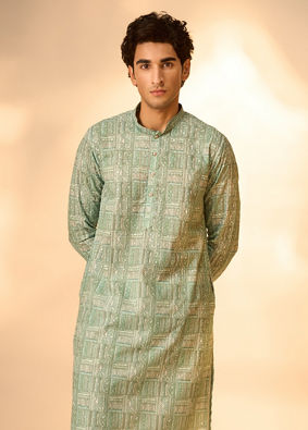Manyavar Men Green Blended Cotton Kurta Pajama