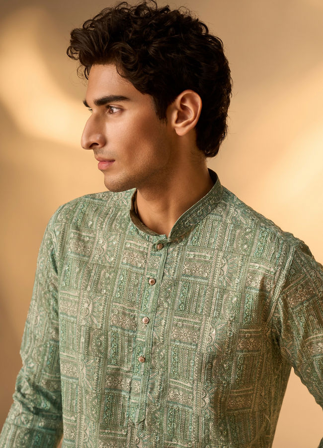 Manyavar Men Green Blended Cotton Kurta Pajama