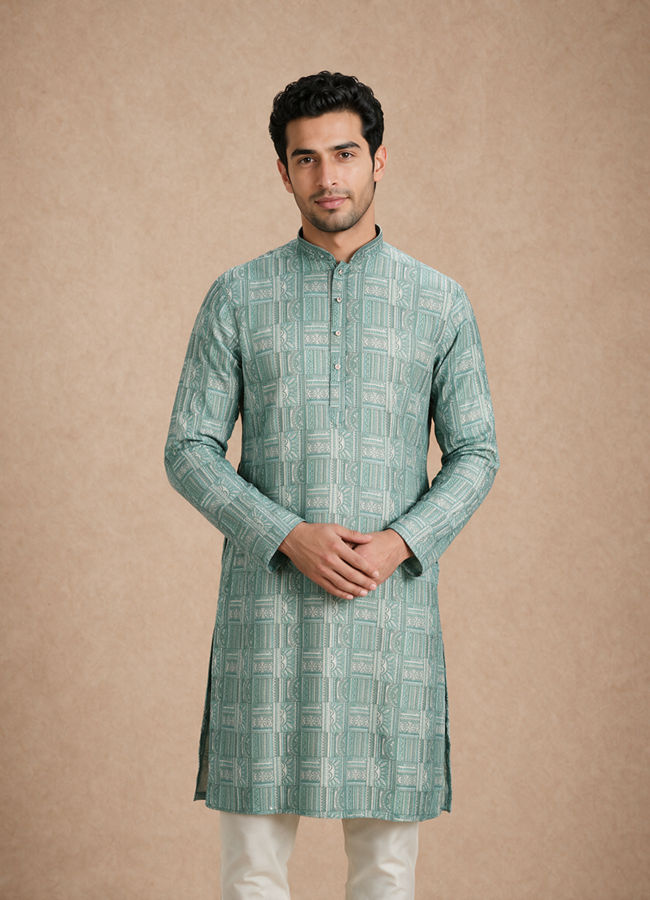Manyavar Men Green Blended Cotton Kurta Pajama