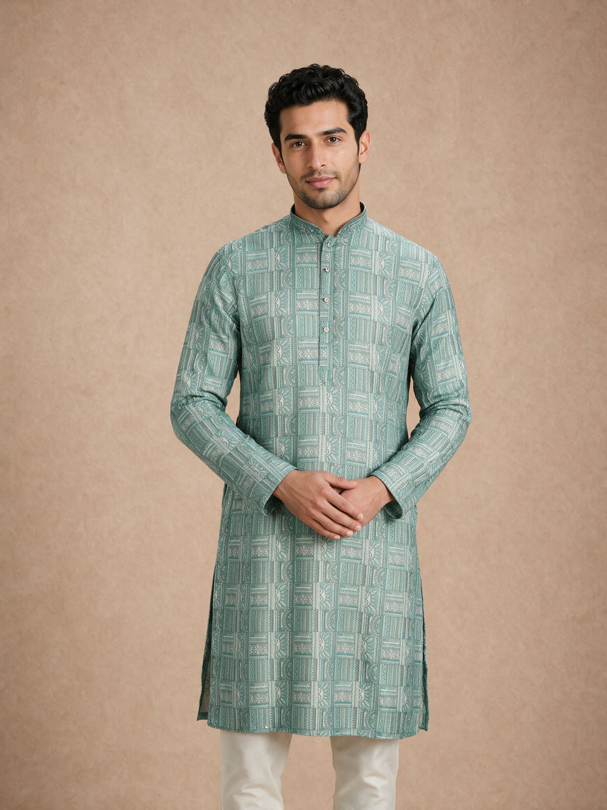 Manyavar Men Green Blended Cotton Kurta Pajama