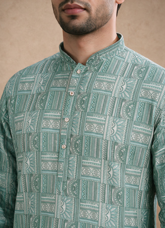 Manyavar Men Green Blended Cotton Kurta Pajama