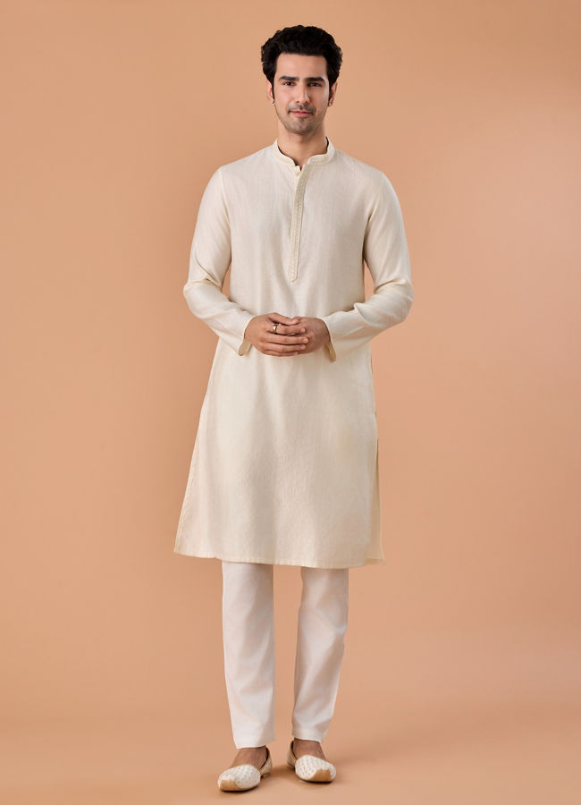 Manyavar Men Elegant Cream Kurta Pajama Set