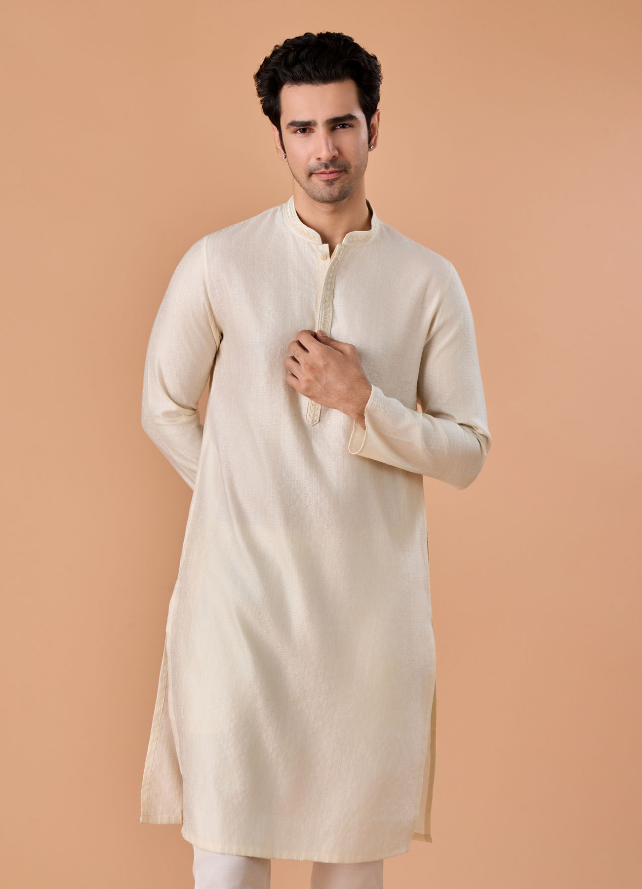 Manyavar Men Elegant Cream Kurta Pajama Set