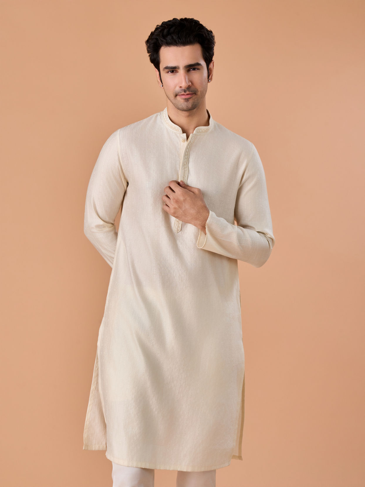 Manyavar Men Elegant Cream Kurta Pajama Set
