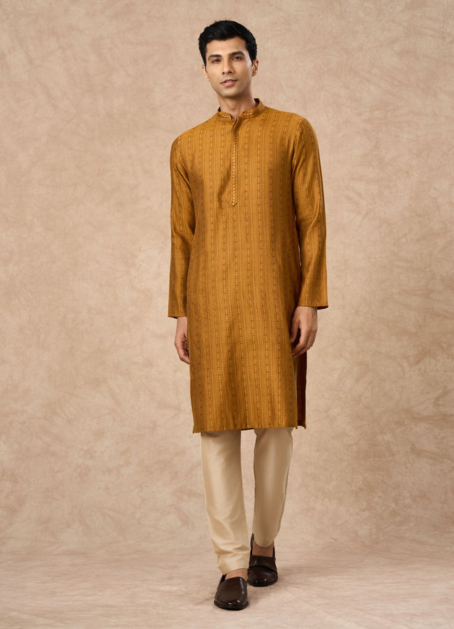 Manyavar Men Mustard Blended Viscose Kurta Pajama