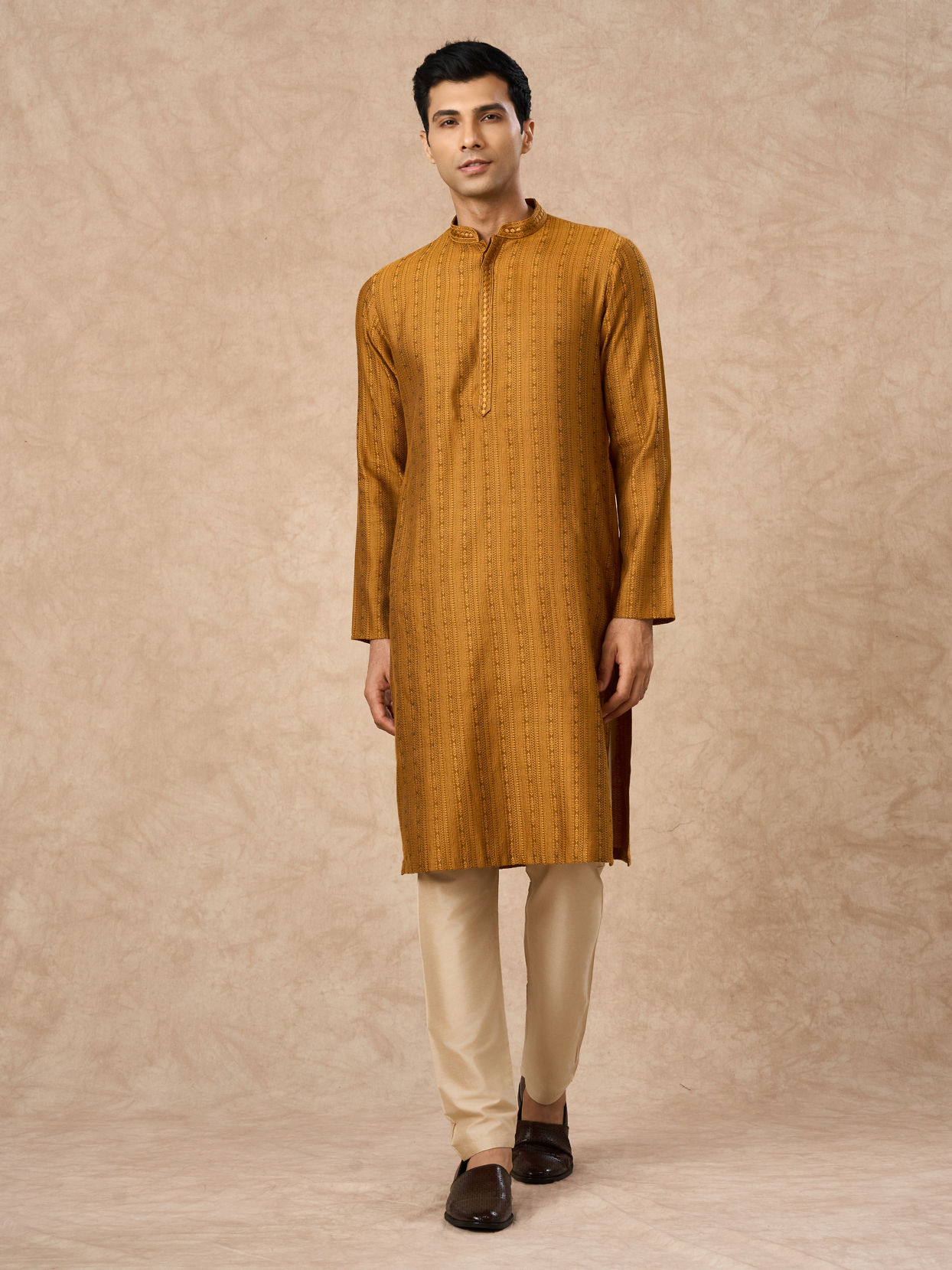 Manyavar Men Mustard Blended Viscose Kurta Pajama