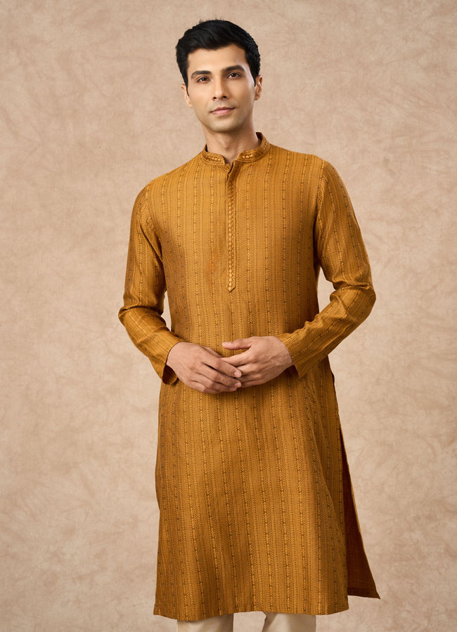 Manyavar Men Mustard Blended Viscose Kurta Pajama
