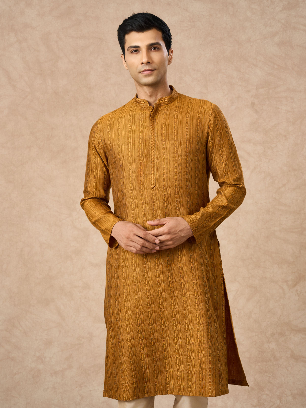 Manyavar Men Mustard Blended Viscose Kurta Pajama