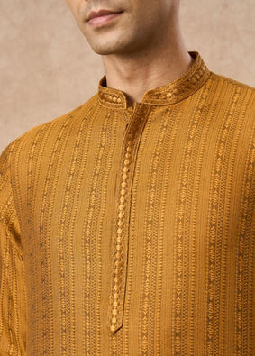 Manyavar Men Mustard Blended Viscose Kurta Pajama