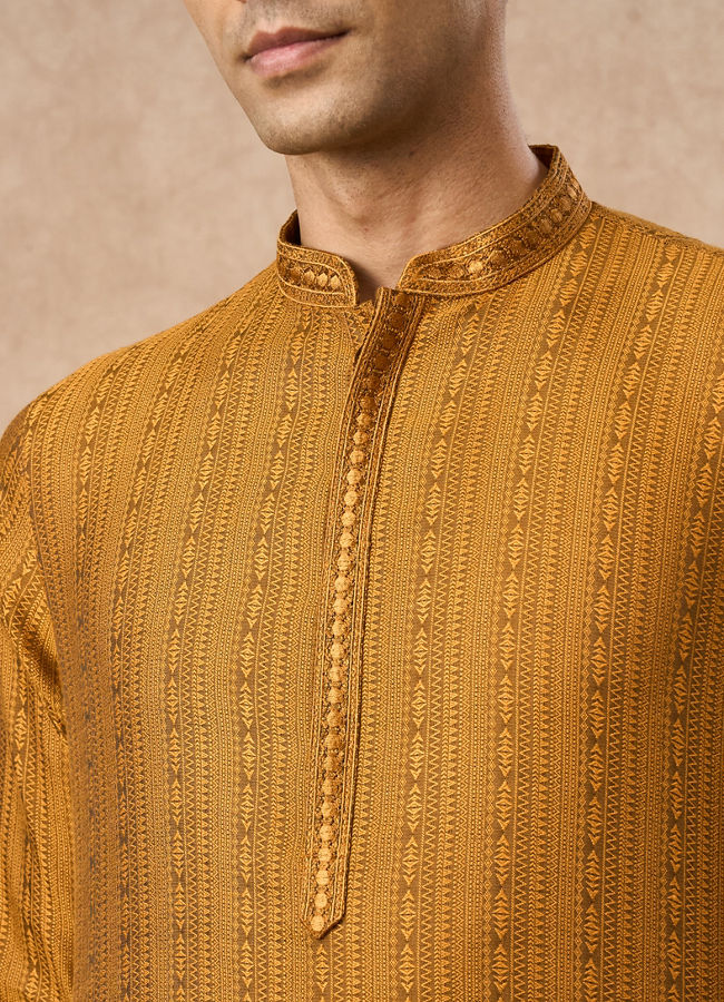 Manyavar Men Mustard Blended Viscose Kurta Pajama