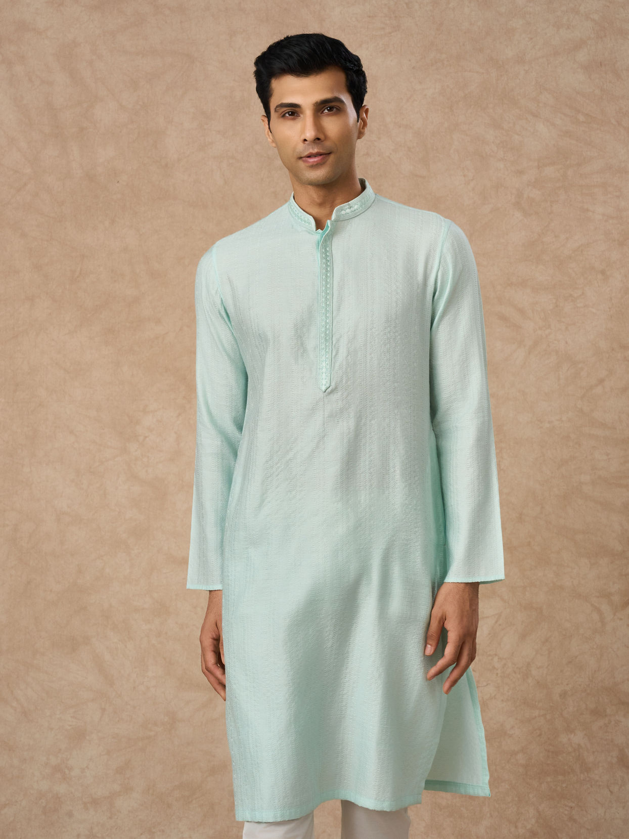 Manyavar Men Aqua Green Blended Viscose Kurta Pajama