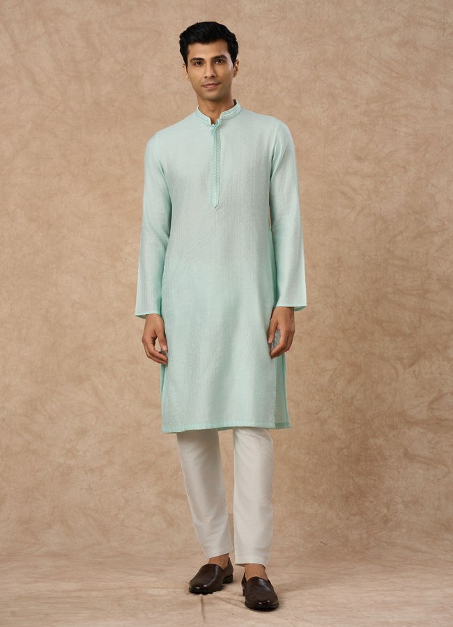 Manyavar Men Aqua Green Blended Viscose Kurta Pajama
