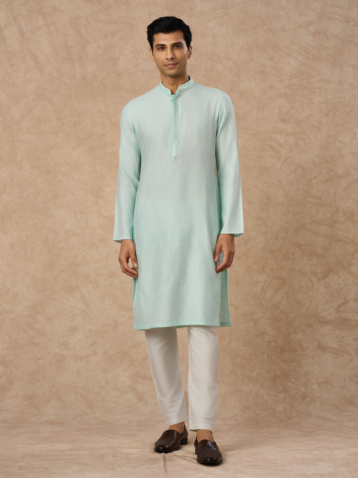 Manyavar Men Aqua Green Blended Viscose Kurta Pajama