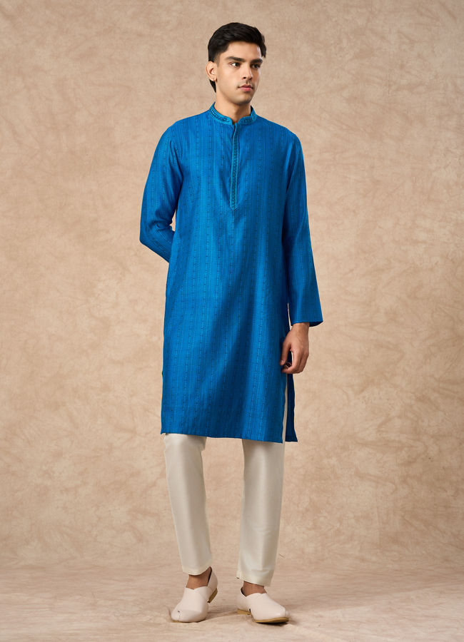 Manyavar Men Mid Blue Blended Viscose Kurta Pajama