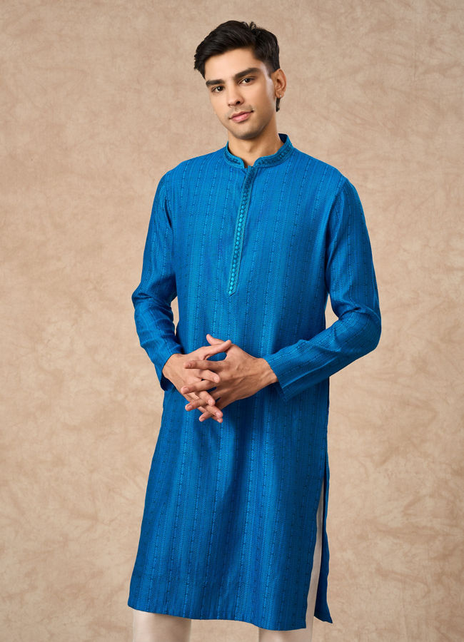Manyavar Men Mid Blue Blended Viscose Kurta Pajama