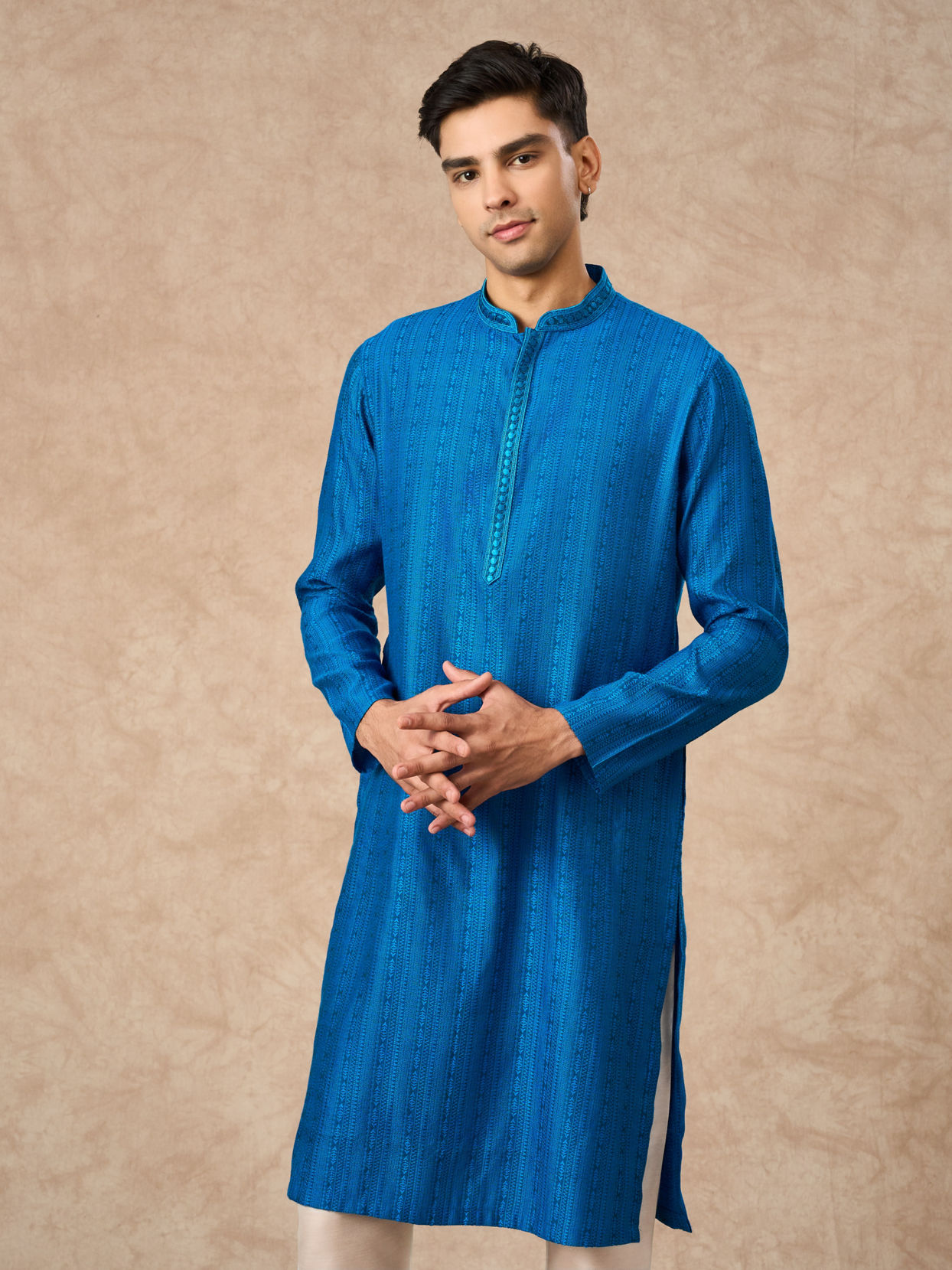 Manyavar Men Mid Blue Blended Viscose Kurta Pajama