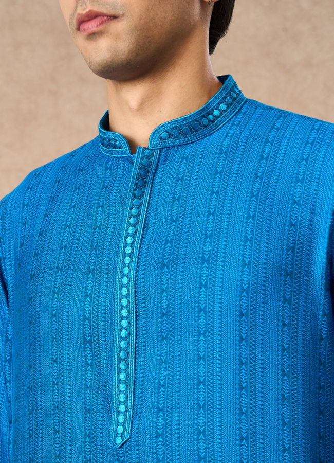 Manyavar Men Mid Blue Blended Viscose Kurta Pajama