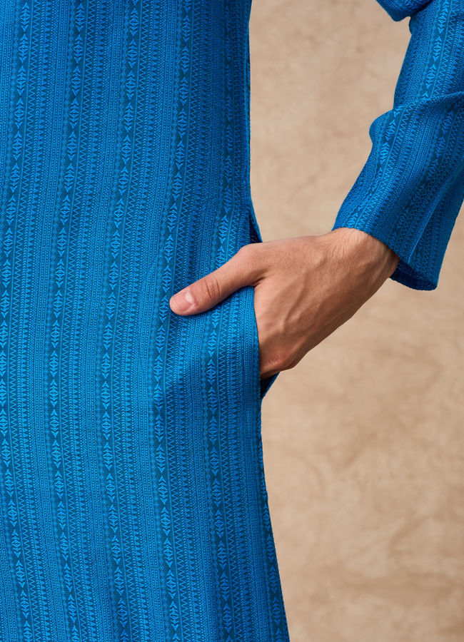 Manyavar Men Mid Blue Blended Viscose Kurta Pajama