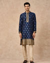 Manyavar Men Dark Blue Art Silk Kurta Pajama with Self-Texture