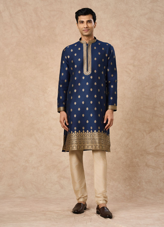 Manyavar Men Dark Blue Art Silk Kurta Pajama with Self-Texture