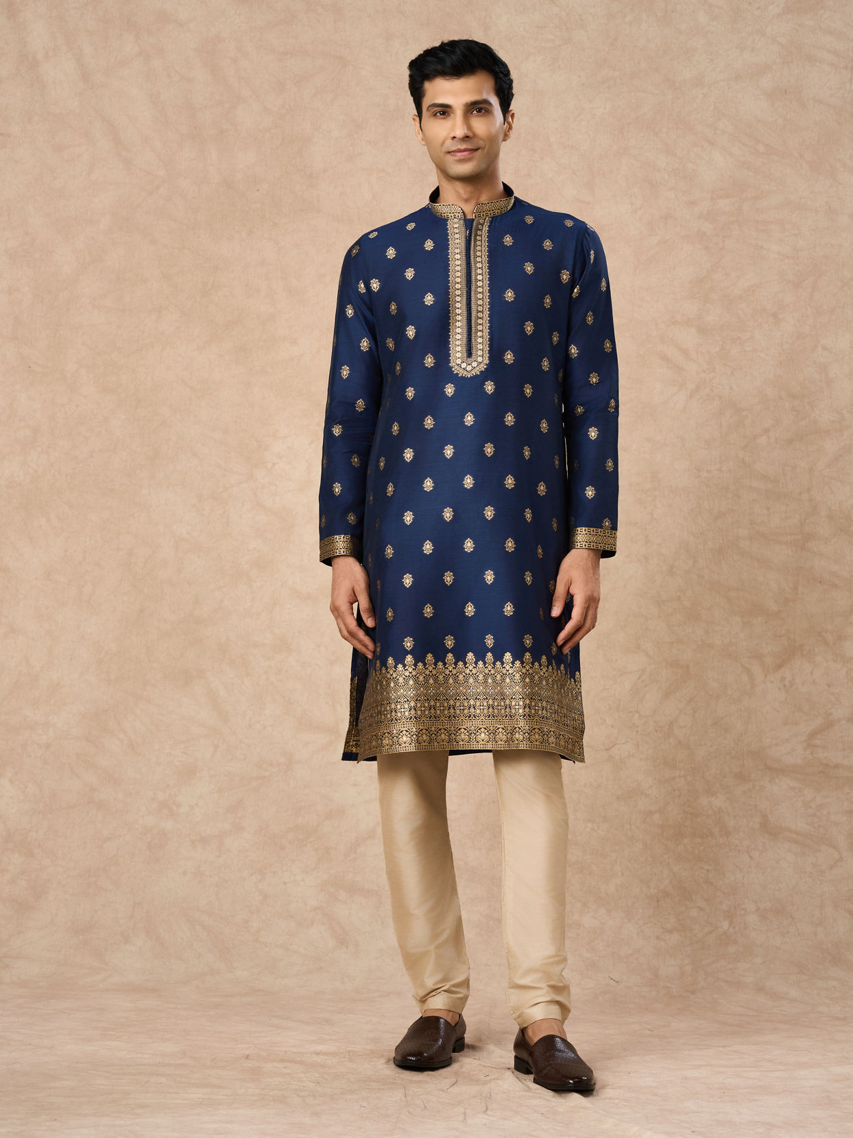 Manyavar Men Dark Blue Art Silk Kurta Pajama with Self-Texture