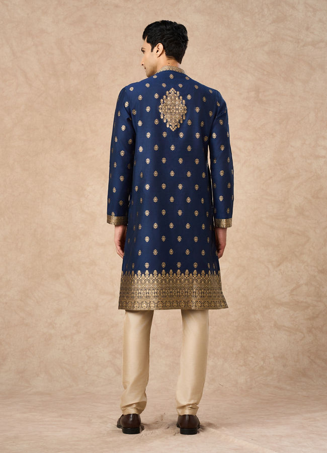 Manyavar Men Dark Blue Art Silk Kurta Pajama with Self-Texture