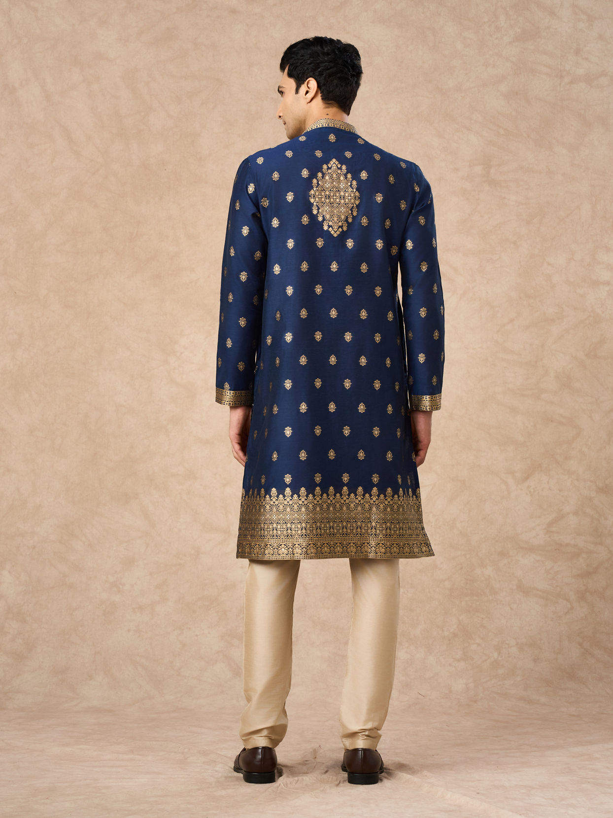 Manyavar Men Dark Blue Art Silk Kurta Pajama with Self-Texture